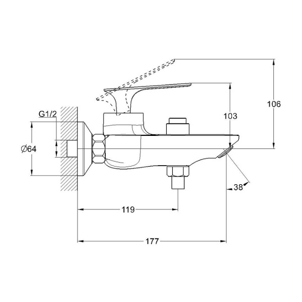 Смеситель для ванны/душа G-lauf однорычажный, керамический, настенный, излив монолитный, короткий литой 177 мм, цинк, цвет хром LOT3-A010