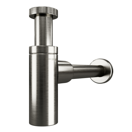 Сифон WasserKRAFT Wiese для раковины/умывальника, дизайнерский, бутылочный, гидрозатвор/мокрый затвор, горизонтальный/боковой выпуск (в стену), латунь, цвет оружейная сталь