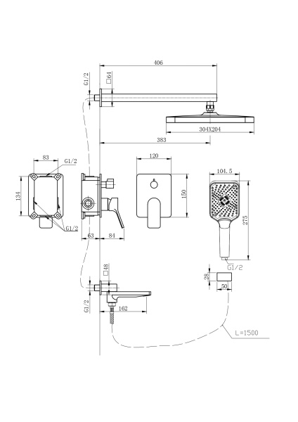 Душевая система Esko 7в1 Eiger Chrome встраиваемая, скрытого монтажа, цвет хром, комплект: однорычажный смеситель/излив/тропический душ (с верхней лейкой)/лейка/держатель лейки/шланг, скрытый монтаж