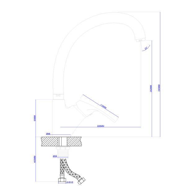 Смеситель для кухни/мойки AQUEDUC однорычажный, поворотный, керамический, длина излива 220 мм, высота 252 мм, цинк 346147