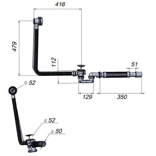 Слив-перелив AM.PM для ванны, готовый набор, с гофрой, нержавеющая сталь/пластик, цвет хром, полуавтоматический, к ваннам