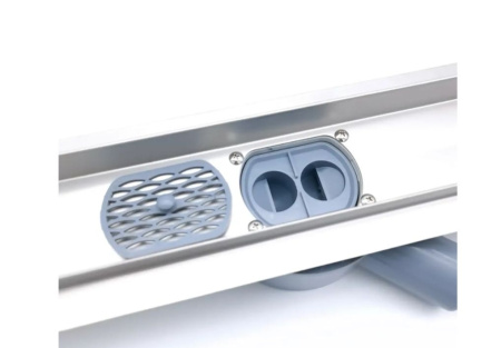 Трап TIM 70х800 мм D50, с фланцем свободного вращения, для душа в полу, под плитку, с сухим затвором+гидрозатвор, горизонтальный выпуск, нержавеющая сталь, прямоугольный