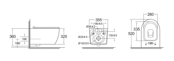 Унитаз подвесной Olives Vortex Duo белый, горизонтальный (в стену) выпуск, с быстросъемным сиденьем микролифт, дюропласт, смыв Торнадо, антивсплеск. безободковый, под скрытый бачок