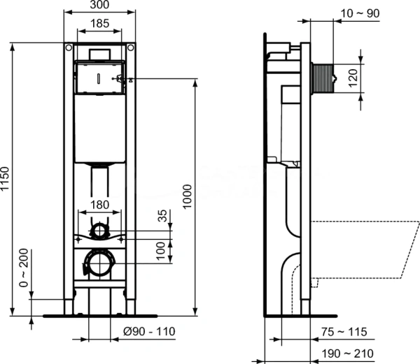 Инсталляция Ideal Standard Prosys Eco Frame узкая, без клавиши смыва, система для подвесного унитаза, со скрытым смывным бачком (бак), комплект, размеры рамы (каркас) 1150х300х210 мм, подвод воды вверху по центру