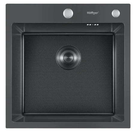Мойка кухонная Hoffger 5050T врезная, Black (черная) 500х500х225 мм нержавеющая сталь, с PVD покрытием, декор соты, с отверстием под смеситель, без крыла, слив-перелив