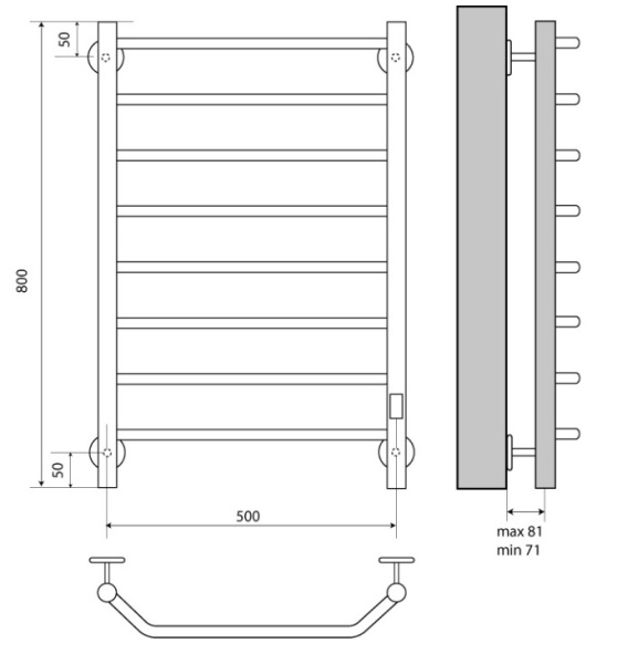 Полотенцесушитель MELODIA Victory Electro 50*80 П8, нержавеющая сталь, нижнее правое подключение, для ванны и туалета, мощность 103 Вт, цвет хром