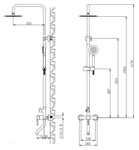 Душевая система Voda со смесителем Vessel Gun Metal высота 800-1178 мм цвет темно-серый, комплект: однорычажный смеситель/излив/тропический душ (с верхней лейкой)/лейка/стойка/шланг, латунь/нержавеющая сталь