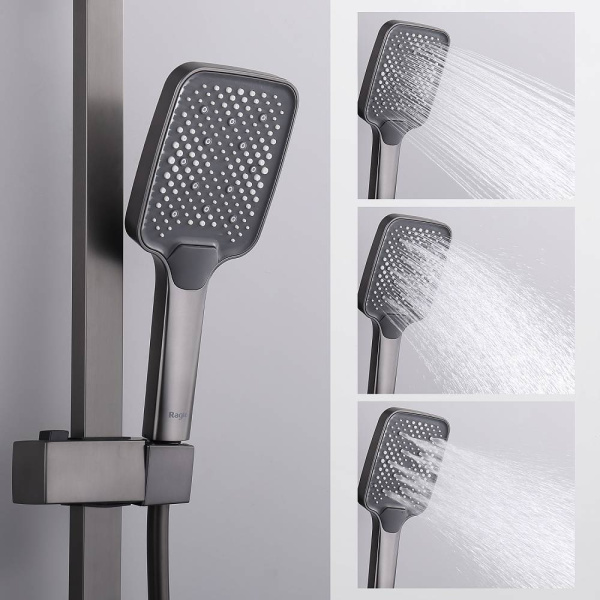 Душевая система Raglo R01.24.09 со смесителем, высота 1026-1566 мм цвет графит, комплект: однорычажный смеситель/излив/тропический душ прямоугольный (с верхней лейкой)/лейка/стойка/шланг, нержавеющая сталь/латунь