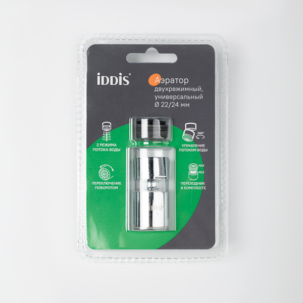 Аэратор IDDIS Optima Home для смесителя M22/М24, корпусный, внутренняя резьба, ABS-пластик, двухрежимный, шарнирный, хром глянцевый 996P22S2SMDR