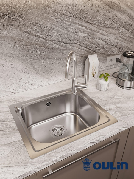 Мойка Oulin 49х43 см, врезная, из нержавеющей стали, прямоугольная, с отверстием под смеситель, слив-перелив, без крыла, для кухни