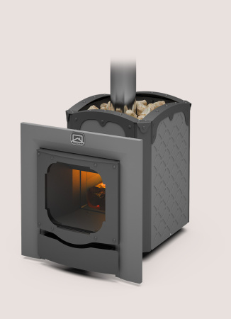 Печь Былина-12 Ч Панорама (11) ТЕПЛОДАР 12м³, (двери стекло 16"с обрамлением) напольная, пристенная, с открытой каменкой, с выносной топкой из предбанника, вертикальная, финская, масса камней 55 кг, на дровах/брикетах