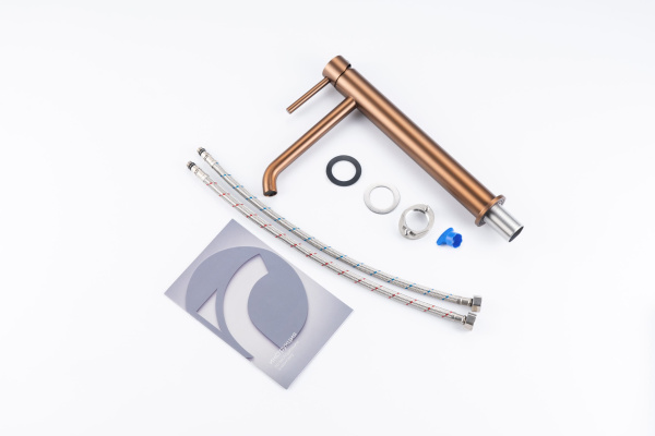 Смеситель для раковины/умывальника Knotlor Eclipse, высокий, однорычажный, неповоротный, керамический, длина излива 195 мм, нержавеющая сталь, цвет бронза, матовая