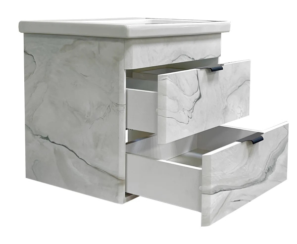 Тумба с раковиной GRADEONIKA Даная, 56,5х43,3х50 см, подвесная, 2 выдвижных ящика, МДФ, механизм доводчика, прямоугольная, цвет белый мрамор, (под умывальник COMO 60) 52724