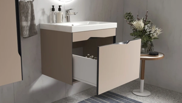 Тумба под раковину Velvex Krona 600-0-1, 589х445х462 мм подвесная, цвет серый камень, 1 выдвижной ящик, подходит раковина Como 60, универсальная, в ванную комнату