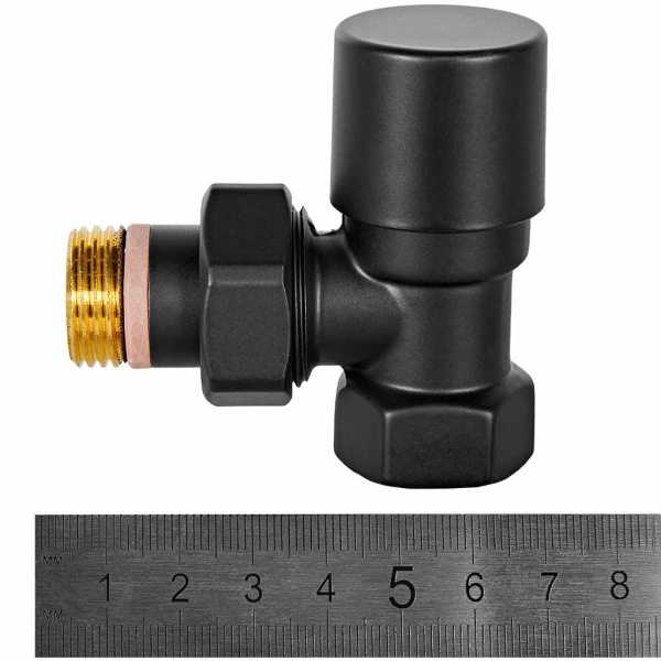 Клапан регулирующий Stout Design 1/2" (вентиль) запорно-балансировочный, цвет черный, угловой, ручной, регулируемый, с полусгоном, сгоном, американкой, для радиатора отопления