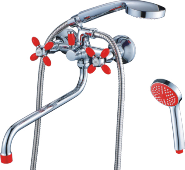 Смеситель для ванны/душа HAIBA CRON двухвентильный, хромированный, настенный, излив длинный 354 мм, поворотный, силумин, цвет хром/красный