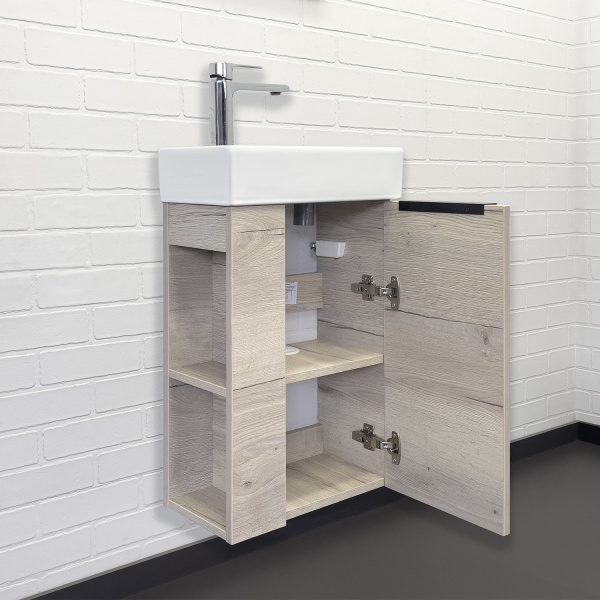 Тумба с раковиной Comforty Матэ 40, 40х70х22 см, подвесная, 1 распашная дверца, ЛДСП, прямоугольная, цвет- дуб дымчатый/раковина COMFORTY 9140, прямоугольная, цвет белый, встраиваемая