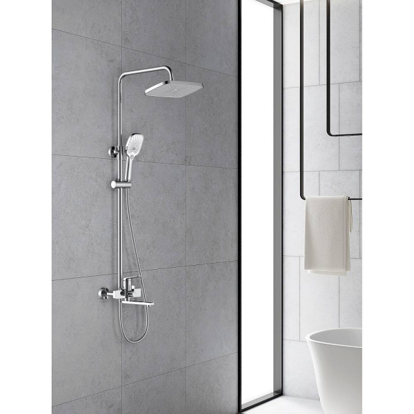 Душевая система Splenka S40.24 высота 950-1350 мм цвет хром, комплект: однорычажный смеситель/излив/тропический душ прямоугольный (с верхней лейкой)/лейка/стойка/шланг, латунь