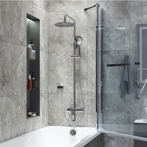 Душевая система IDDIS Ray высота- 1418 мм, настенная, цвет хром, смеситель однозахватный, короткий излив, тропический душ (с верхней лейкой)/штанга/лейка/шланг, латунь, наружного монтажа RAYSB3Fi06