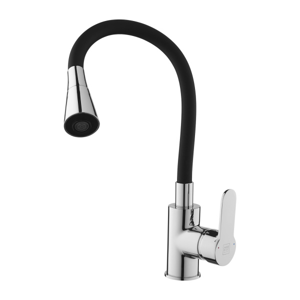 Смеситель для кухни/мойки AQUEDUC однорычажный, поворотный/гибкий, керамический, высота излива 220 мм, латунь, цвет хром/черный 345388