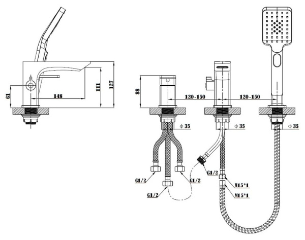 Смеситель на борт ванны Esko Samara на 3 отверстия, однорычажный, неповоротный, керамический, длина излива 148 мм, латунь, цвет хром, комплект