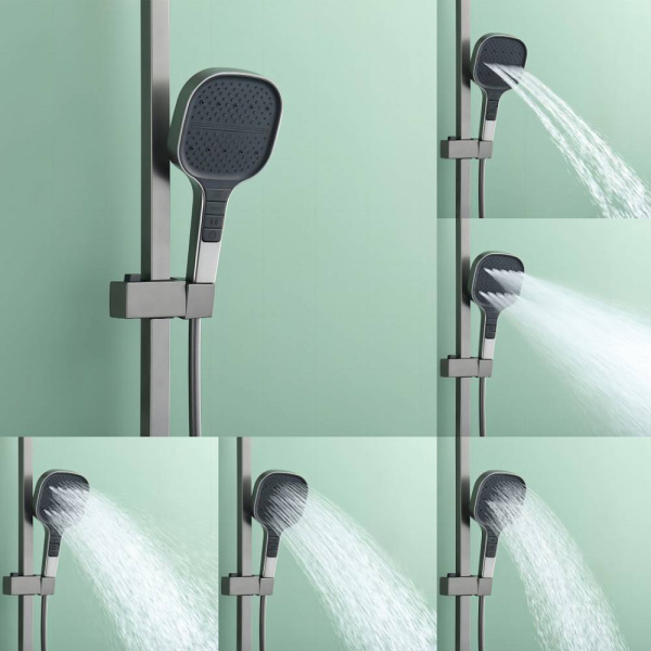 Душевая система Raglo R51.24.09 со смесителем, высота 1087-1655 мм цвет графит, комплект: однорычажный смеситель/излив/тропический душ прямоугольный (с верхней лейкой)/лейка/стойка/шланг, латунь