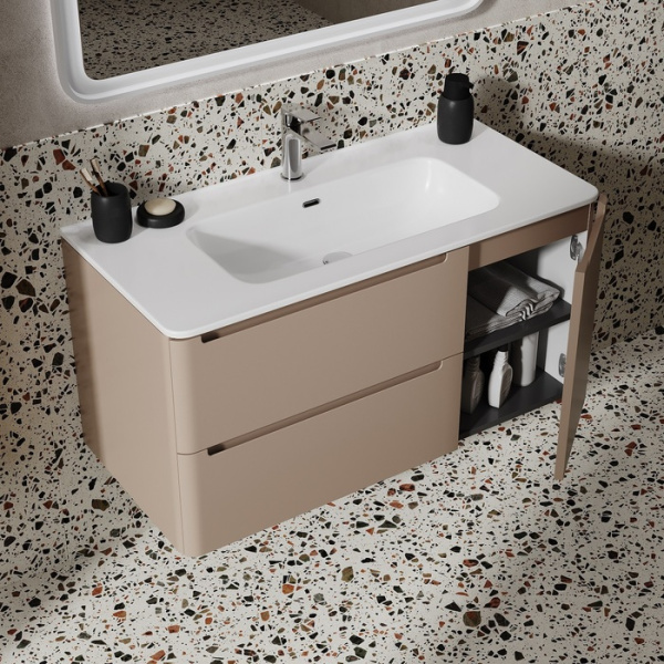 Тумба c раковиной IDDIS Edifice, 1002х467х500 мм, подвесная, 2 выдвижных ящика/1 распашная дверца, МДФ/санфарфор, раковина накладная, прямоугольная, цвет капучино, отверстие под смеситель EDI10C0i95K