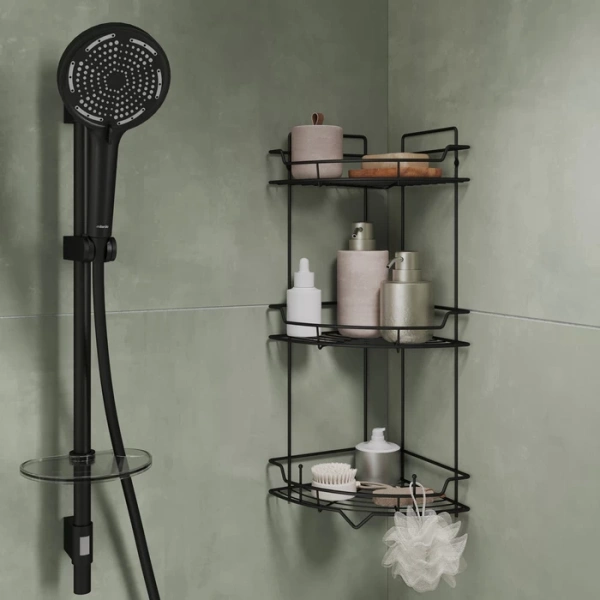 Полка трехъярусная Milardo Grid угловая, 219х219х558 мм проволока стальная, цвет черный матовый GRICC3BM44