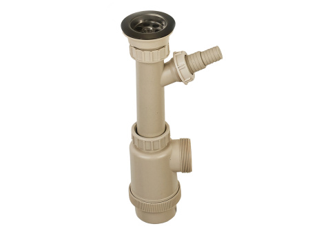 Сифон Ukinox 1 1/2"*40 бутылочный, с отводом для стиральной машины, цвет бежевый, без перелива, нержавеющая сталь/пластик
