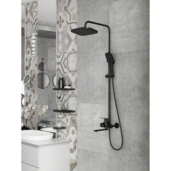 Душевая система Splenka S40.24 высота 950-1350 мм цвет черный, комплект: однорычажный смеситель/излив/тропический душ прямоугольный (с верхней лейкой)/лейка/стойка/шланг, латунь