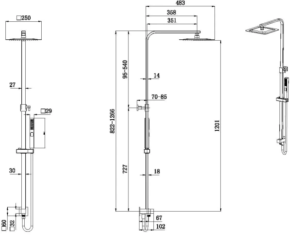 Душевой гарнитур Allen Brau Infinity наружного монтажа, высота 822-1266 мм цвет черный матовый, 3 режима, тропический душ (с верхней лейкой)/стойка/лейка/шланг