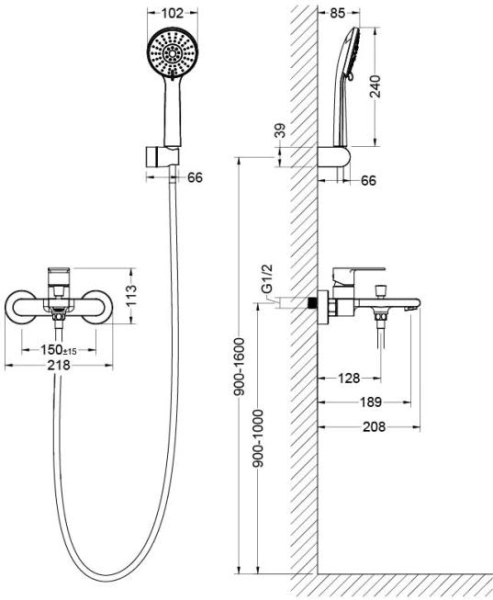 Смеситель для ванны/душа Aquatek Лира однорычажный, керамический, настенный, излив фиксированный 189 мм, с гибким шлангом, душем/лейкой, латунь, цвет черный матовый