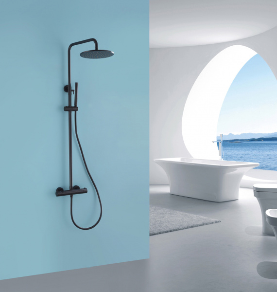 Душевая система ABBER Wasser Kreis наружного монтажа, высота 1250 мм, цвет черная матовая, комплект: смеситель термостатический/тропический душ (с верхней лейкой)/стойка/лейка/шланг, латунь, без излива 