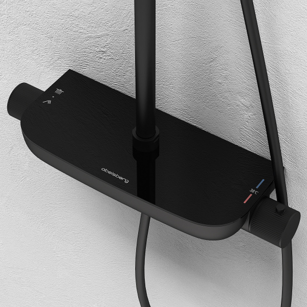 Душевая система Abelsberg Lineara с термостатом, высота 900−1300 мм цвет вулканический черный, комплект: смеситель/полка для душа/тропический душ прямоугольный (с верхней лейкой)/лейка/стойка/шланг, латунь/ABS-пластик