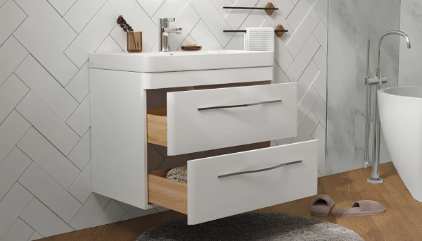 Тумба под раковину Velvex Jill 800-0-2, 782х378х600 мм подвесная, цвет белый матовый, 2 выдвижных ящика, подходит раковина 9595-80, универсальная, в ванную комнату