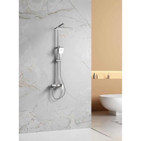 Душевая система Splenka S224.24.05 высота 780-1420 мм цвет сатин, комплект: однорычажный смеситель/излив/тропический душ прямоугольный (с верхней лейкой)/лейка/стойка/шланг, нержавеющая сталь