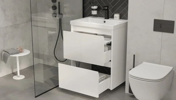 Тумба под раковину Velvex Klaufs 600-0-2, 589х443х722 мм подвесная, цвет белый глянец, 2 выдвижных ящика/выдвижной органайзер, подходит раковина Como 60, универсальная, в ванную комнату