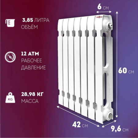 Радиатор KONNER Модерн-500 7 секции, 980 Вт, чугунный, с монтажным комплектом, белый, боковое подключение, настенный 