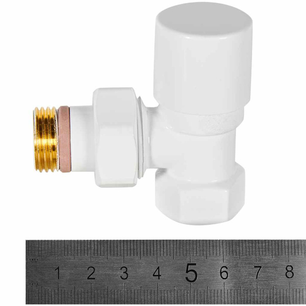 Клапан регулирующий Stout Design 1/2" (вентиль) запорно-балансировочный, цвет белый, угловой, ручной, регулируемый, с полусгоном, сгоном, американкой, для радиатора отопления