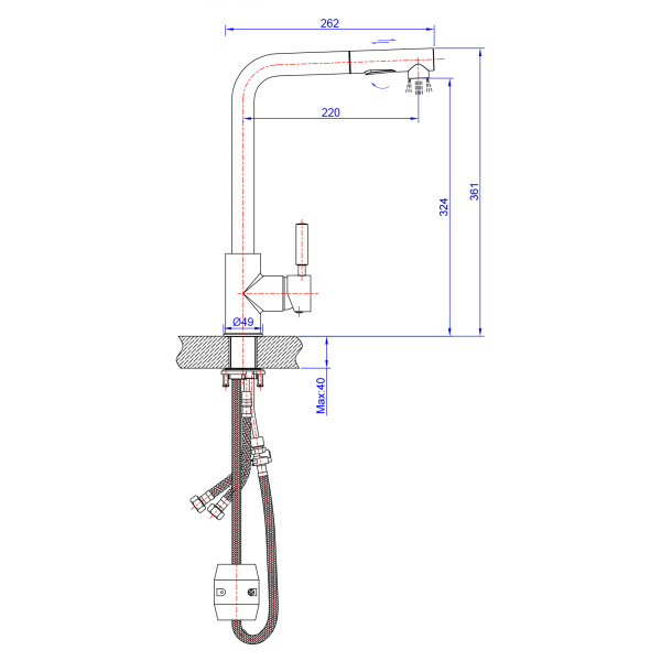Смеситель для кухни/мойки AQUEDUC однорычажный, вытяжной/поворотный/высокий излив, длина излива 220 мм, высота 324 мм латунь, цвет хром 345391