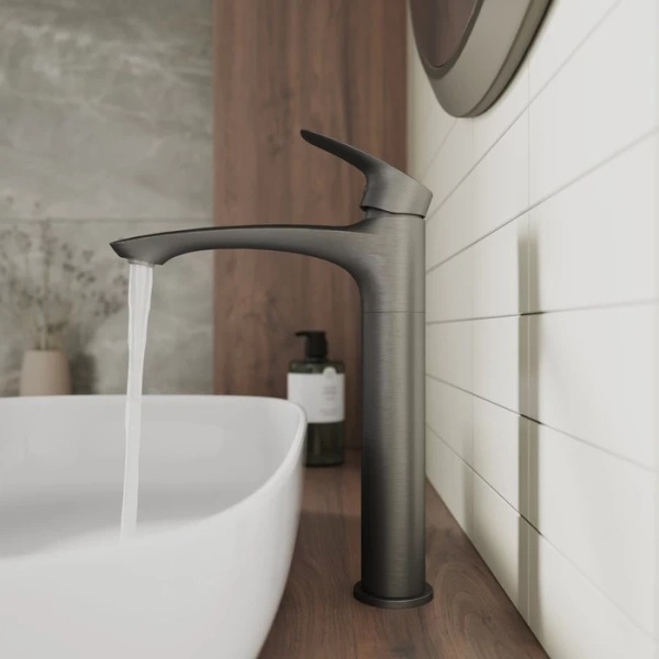 Смеситель для раковины/умывальника Milardo Rora, однорычажный, неповоротный, керамический картридж, высокий, длина излива 166 мм, латунь, цвет графит RORGM01M01