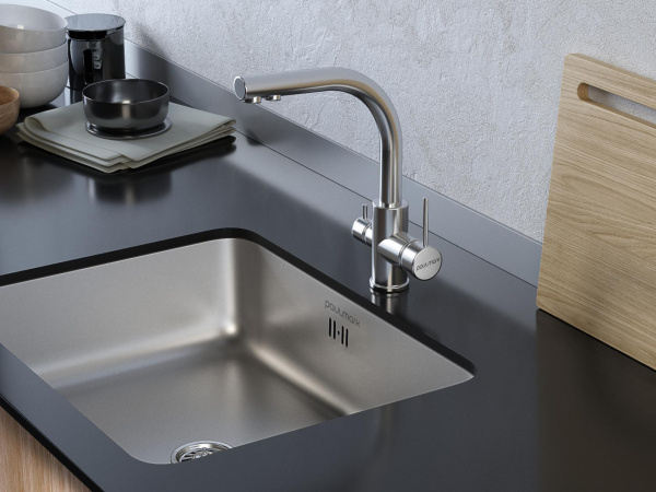 Смеситель для кухни/мойки Paulmark Essen, с подключением к фильтру/биканальный, однорычажный, поворотный излив, керамический картридж, высокий, длина излива 197 мм, латунь, цвет никель