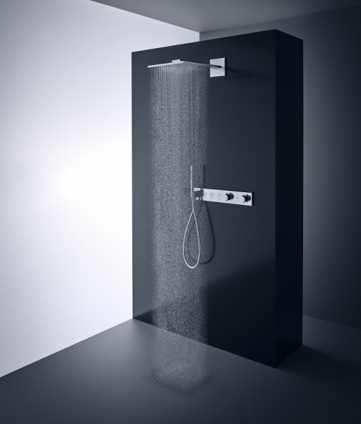 Верхний душ AXOR ShowerSolutions 300/300 2jet, с держателем, настенный монтаж, квадратный, с 2 режимами, размер 30х30 см, металлический, цвет: полированный черный хром, для душа/ванной