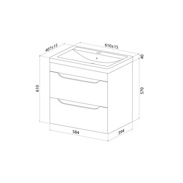 Тумба c раковиной IDDIS Ray, 610х407х610 мм, подвесная, 2 выдвижных ящика, МДФ/санфарфор, раковина накладная, прямоугольная, цвет белый глянцевый, отверстие под смеситель RAY60W0i95K
