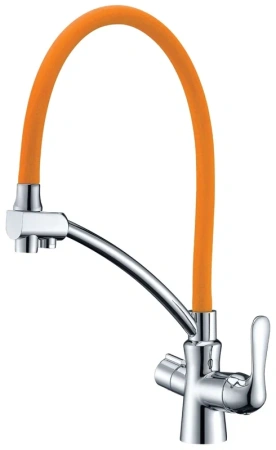 Смеситель для кухни/мойки Lemark Comfort, с подключением к фильтру с питьевой водой, однорычажный, поворотный/гибкий, керамический, длина излива 225 мм, латунь, цвет оранжевый/хром