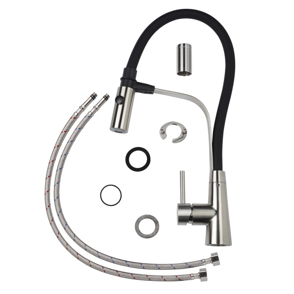 Смеситель для кухни/мойки AQUEDUC однорычажный, поворотный/гибкий, керамический, длина излива 250 мм, высота 240 мм, нержавеющая сталь/силикон, цвет сталь/черный 345734