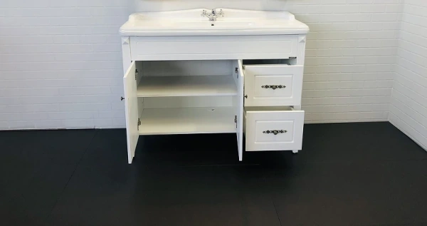 Тумба с раковиной Comforty Палермо 120, 120х89,5х49 см, напольная, 2 выдвижных ящика/2 распашные дверцы, ЛДСП/МДФ, прямоугольная, цвет- белый/раковина COMFORTY 3312, прямоугольная, цвет белый, встраиваемая