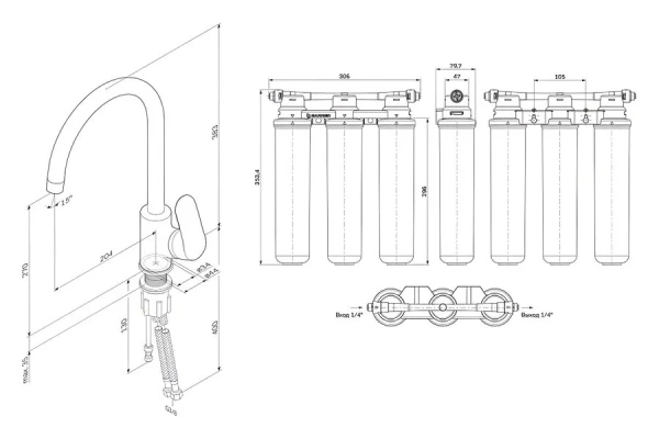Смеситель для кухни/мойки Am.Pm Like однорычажный, поворотный, керамический, с каналом для питьевой воды, со встроенным фильтром, с высоким изливом, длина 204 мм, латунь, цвет черный