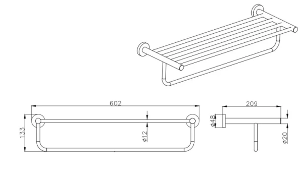 Полка Aquatek Вега с полотенцедержателем, 602х209 мм настенная, цвет хром, нержавеющая сталь, прямоугольная, подвесная, для душа/ванной