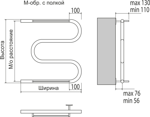 Полотенцесушитель 600х400 мм Terminus М-образный,  1" дюйм. водяной. С ПОЛКОЙ  (полочкой), боковое подключение, из нержавеющей стали, форма М-образная, настенный, цвет хром 4620768880377